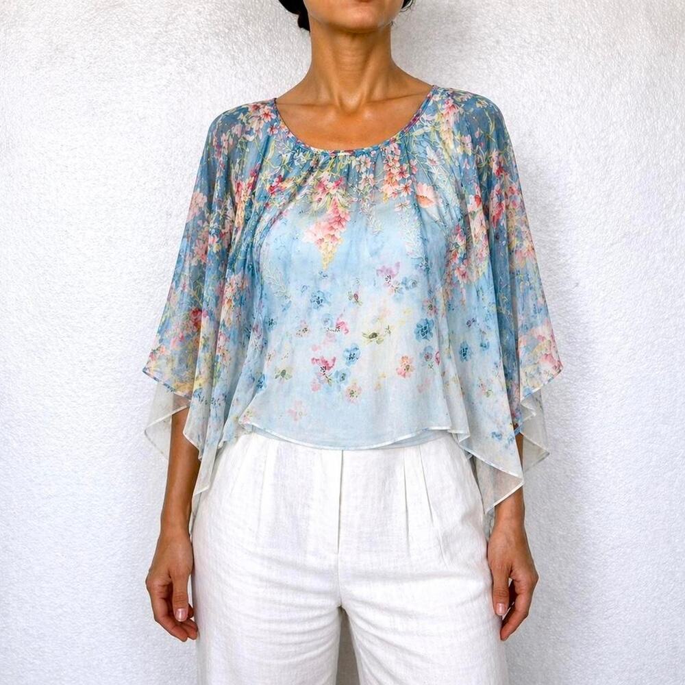 Vintage Y2K Blue Floral Chiffon Boho Fairy Poncho Top Size XXL